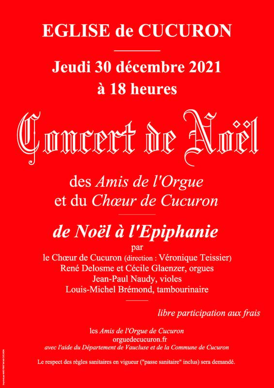 Comme chaque année, les Amis de l'Orgue de Cucuron réunissent leurs amis chanteurs et instrumentistes… (orgues, violons, galoubet-tambourin) pour dialoguer avec l'orgue de tribune (1614-1788), magnifique instrument historique, devenu célèbre depuis sa restauration en 1983 par Patrice Bellet. Les somptueuses polyphonies de 2 à 6 voix du premier « Baroque », autour de Praetorius, alterneront avec des Noëls variés sur l'orgue, puis la Prose de l'Epiphanie, et enfin l'indispensable Marche des Rois.