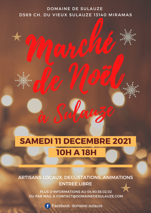 Marché de Noël à Sulauze. La Cave de Sulauze organise son marché de Noël avec la présence de nombreux artisans locaux et de produits artisanaux locaux., dans le jardin. 1. Brasserie de Sulauze 2. Huiles Philippe Lambert 3. Taureaux Fano 4. Sulauze côté réception, traiteur 5. Fromagerie Vincent Monti « La Brigade des fromages » 6. Poissonnerie Le Pointu 7. Boulangerie Thierry Seren 8. Miellerie de Sulauze 9. Forgeron coutelier : Joël Mercader 10. Esprit Cuir : bijoux/ceintures 11. Bibiche fait son cirque : mugs en céramique et accessoires 12. Les Cardalinnes Valérie Roche : oreiller végétal 13. Conserverie, fruits et légumes Longo Maï 14. M. Mirloca objets en fer 15. Cave de Sulauze 16. Libellule des bois : bijoux en bois 17. Décoration sur bois Marie-Noëlle Jasse 18. Chocolatier Patrick Castel 19. Le Cueilleur, produits de gemmothérapie 20. Agnes Fronzes céramique 21. Pâtisserie Stéphanie Jean 22. Céramique La Grange 23. Distillateur Quentin Le Cleach 24. Kalys Cosmetics 25. Food Truck « Délices Kréols »