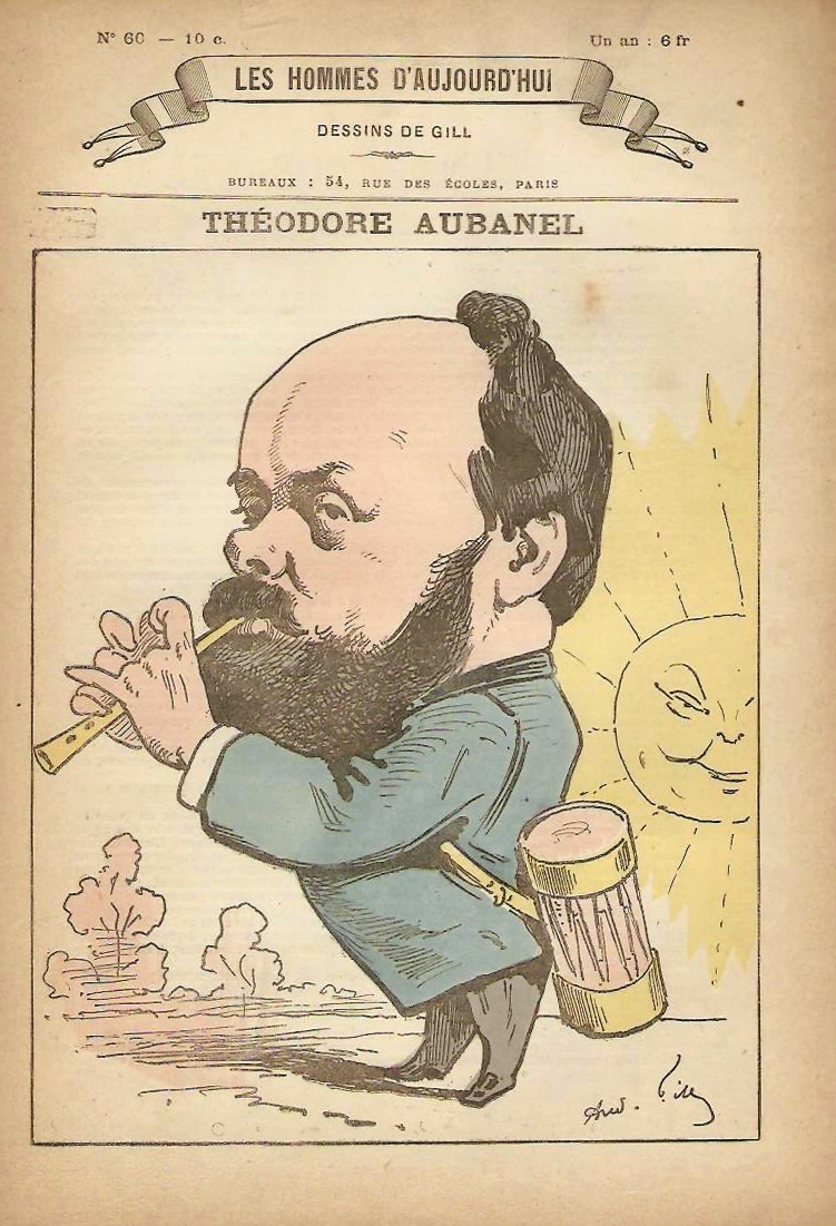 Théodore_Aubanel croqué par le caricaturiste Gill. Détail qui n’échappera pas aux tambourinaires, le poète joue du galoubet à deux mains !